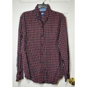 Lands’ End Men’s Large Plaid Button Down Shirt Black Red Stretch Cotton Blend